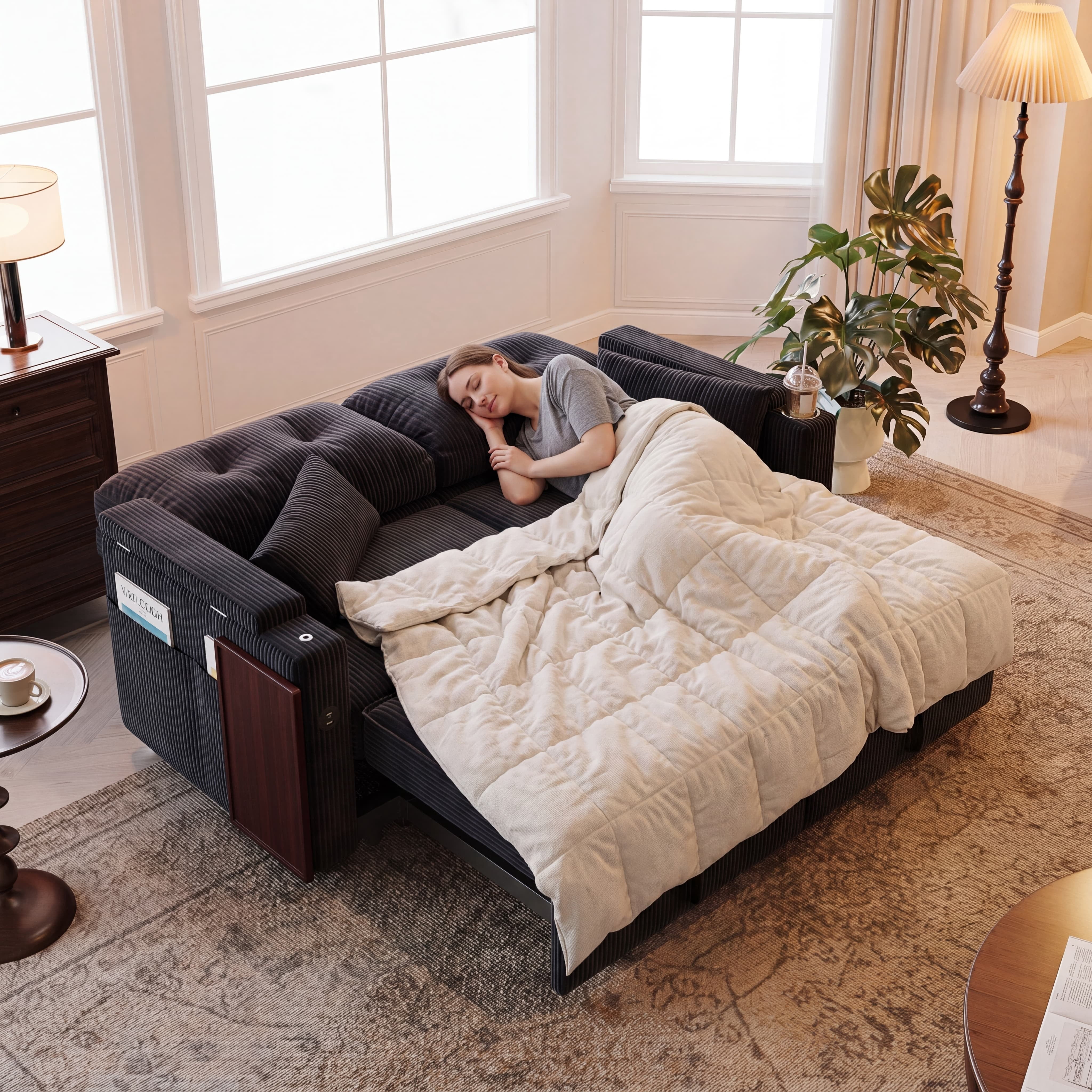 Aukfa 73" 3-in-1 Convertible Sleeper Sofa Bed, Corduroy Pull-Out Couch with 360° Swivel Side Table, USB Ports & Storage Armrests, Oversized Queen, Black