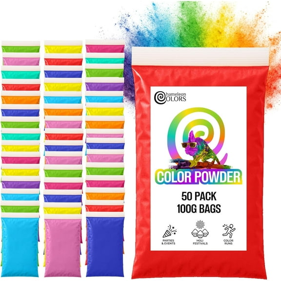 Chameleon Colors 50 Color Fun Run Packets, Individual Holi Color Powder Packets, Clear Packages with 10 Vibrant Colors, 11 Pounds (100 Grams Per Bag)