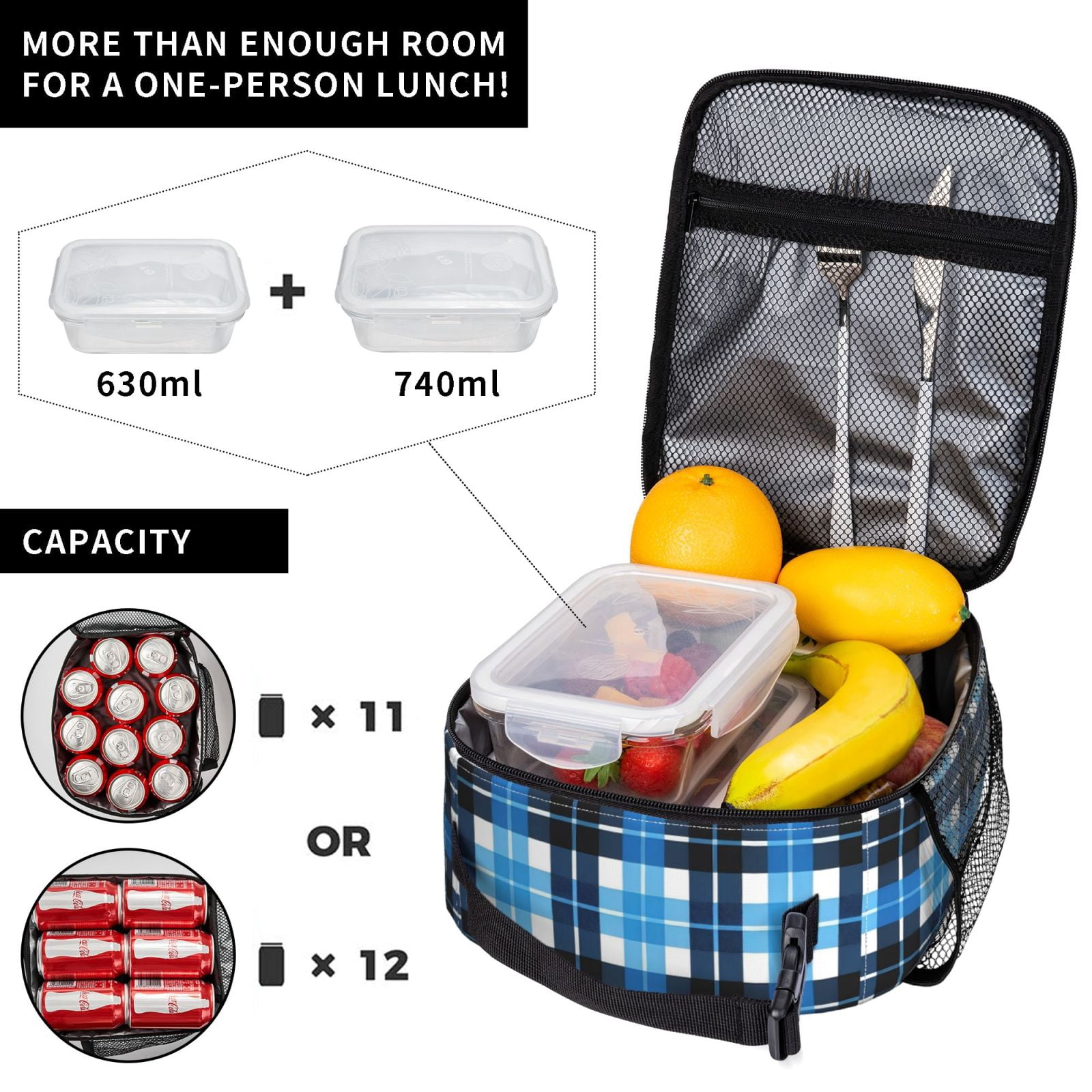 Lunch Bag For Women Men Insulated Portable Lunch Box Bento Box Office Picnic Travel Cooler Bag Blue And Black Checkered Pattern