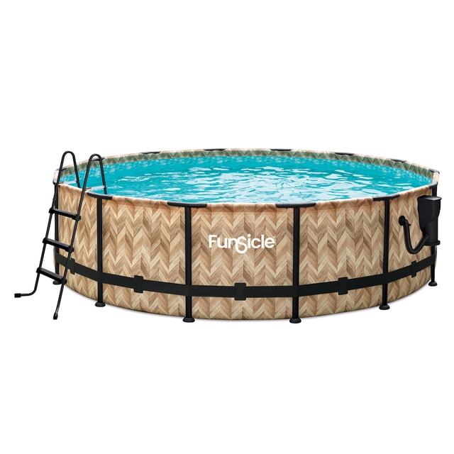 Funsicle 14ft x 42in Round Oasis Designer Above Ground Pool, Oak Herringbone with SkimmerPlus Filter Pump, Age 6 & up