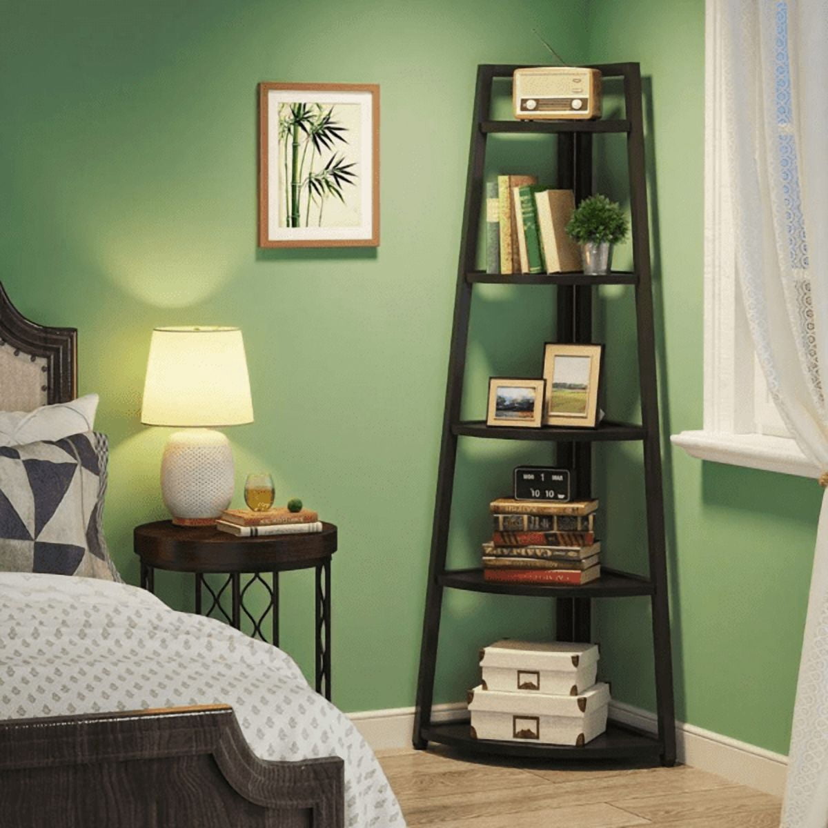 5-Tier Corner Shelf, Sturdy Metal Frame (50lbs/Shelf), E1 Particle Board, Space-Saving for Living Room, Bedroom, Bathroom