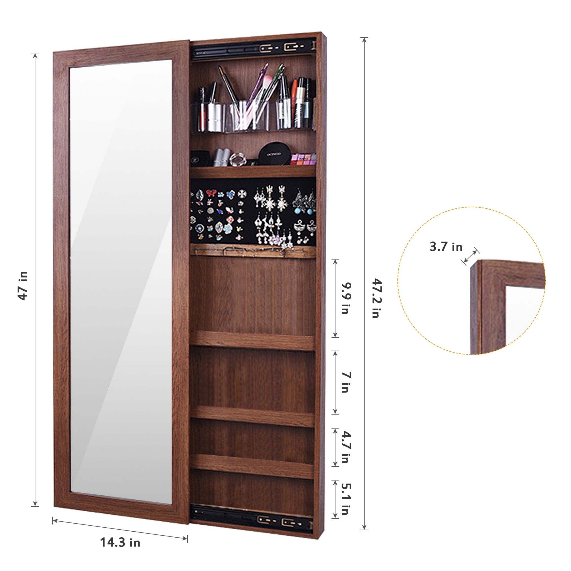 Over-The-Door Mirror, Lockable Jewelry Cabinet Armoire, Brown by Boho