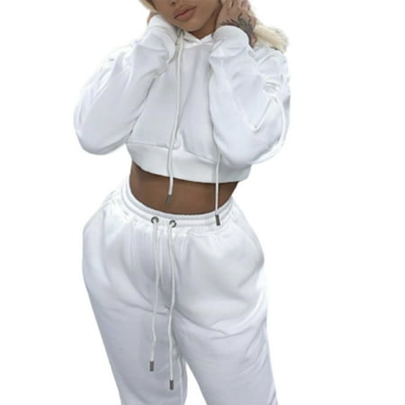 

Women s 2-Piece Sports Outfit Open Navel Hoodie Tops & Joggers Pants Solid Color Girl s Sweatshirt Set Drawstring Hood Long Sleeve for Daily M White