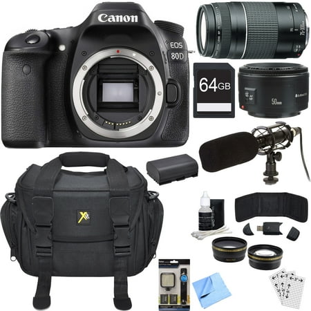 Canon EOS 80D 24.2 MP CMOS Digital SLR Camera Bundle w/ 75-300mm + 50mm Lenses includes LED Light, 64GB SDXC Memory Card, Shotgun Microphone, Padded Carrying Case, Beach Camera Cloth and More