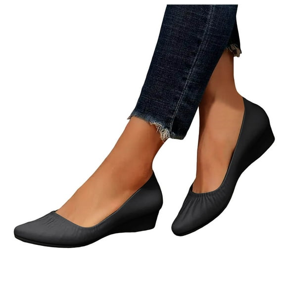 Women's Dress Shoes Wedge Mid Heels for Ladies Fashion Formal Leather Pointy Toe Slip on Pumps Work Loafers
