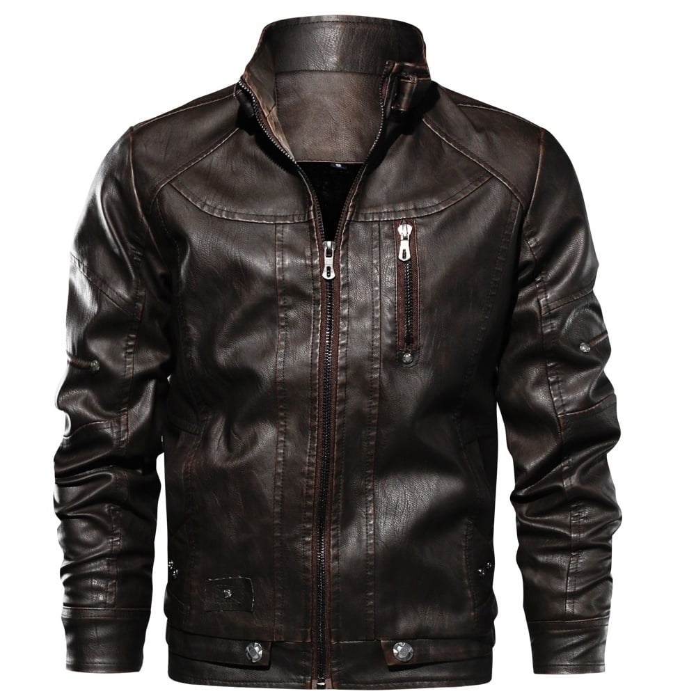 New Autumn and Winter Fashion Warm Motorcycle Leather Jacket for Men Zipper Casual Winter Woolen Thicken Coat. 3 Colors, Men's, Size: Small, Brown