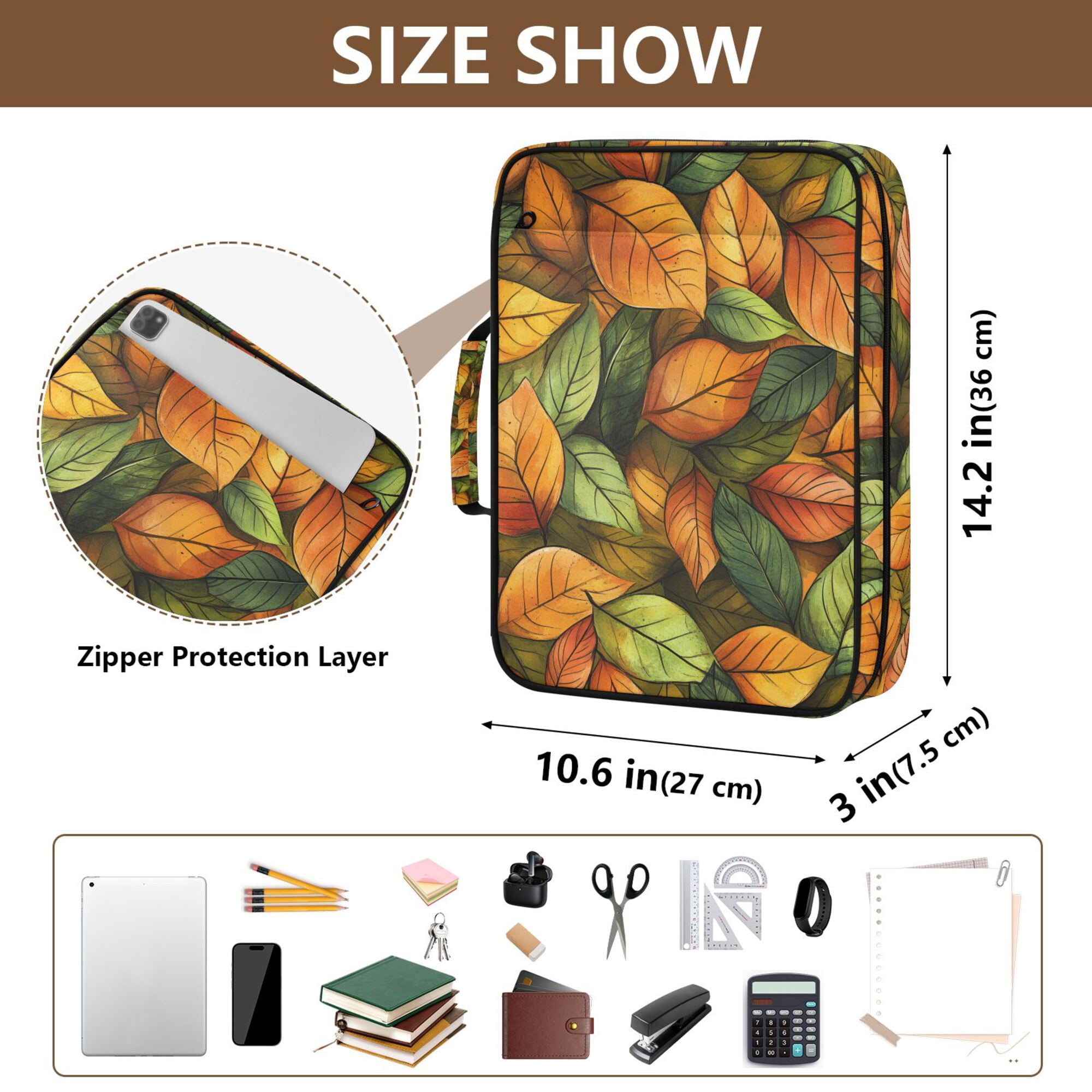 FORMRS Accordion File Folder A4 Size 7-Pocket Expanding Document Organizer Bag with 3 Ring Binder, Green Retro Leaves
