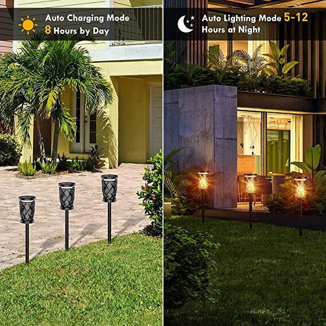 Solar Lights (4 Pack) Waterproof Pathway Lights with Flickering Flame Upgraded Detachable Outdoor Solar Landscape Lantern
