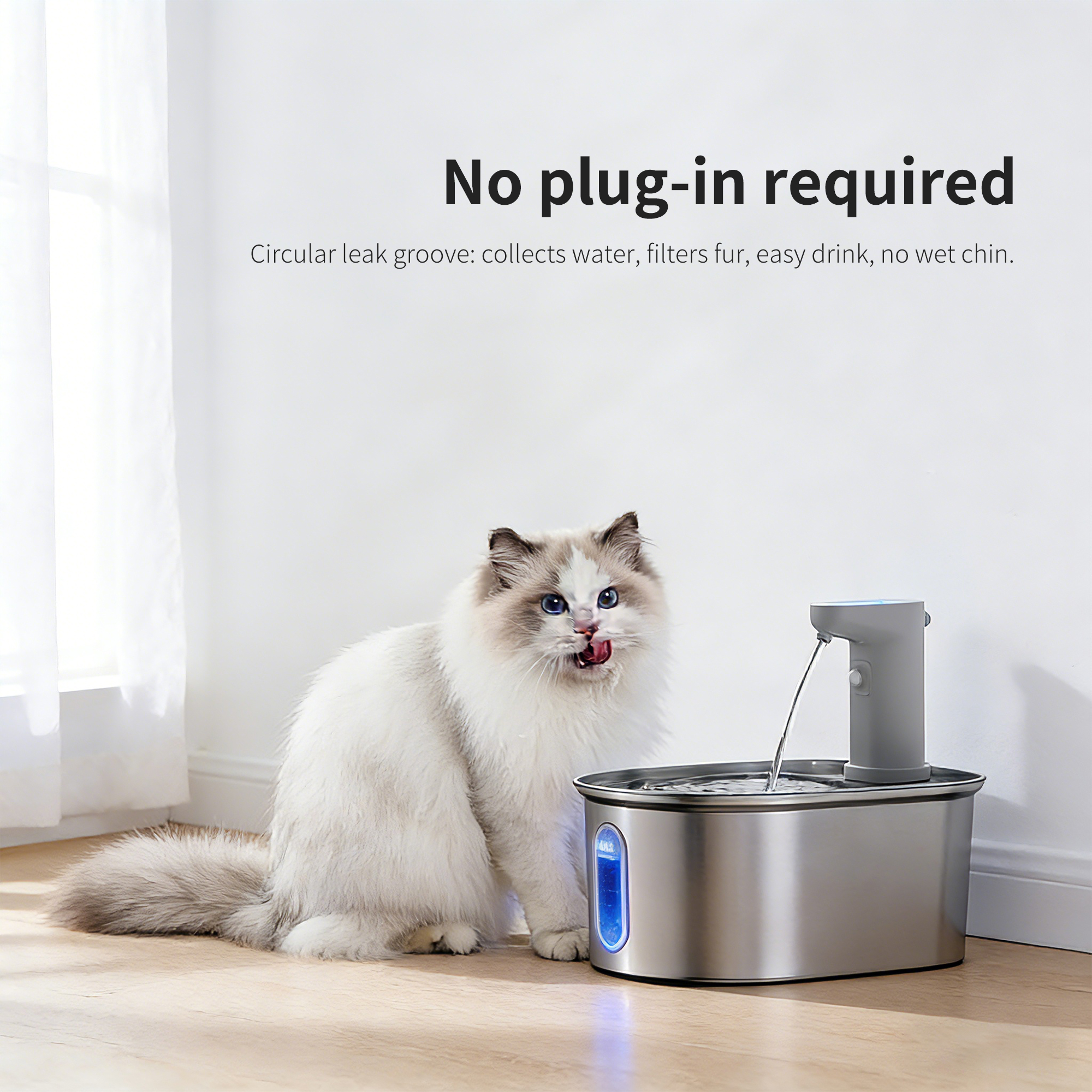 Stainless Steel Cat Water Fountain-Wireless Pet Water Fountain Battery Operated,108oz/3.2L, Automatic Water Dispenser for Dogs with Quiet Pump,Easy Clean BPA (Silver, Routine)