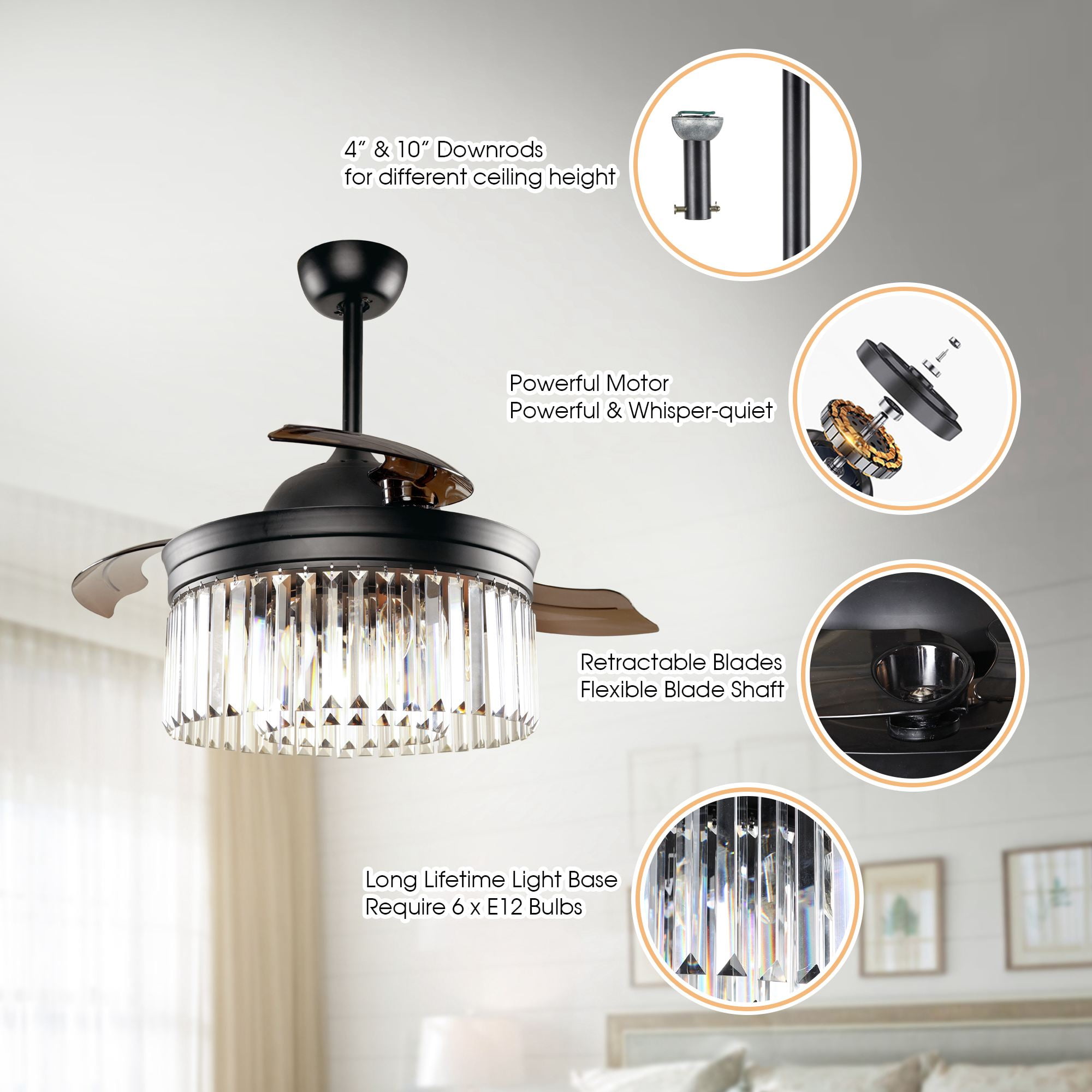 Parrot Uncle 42-Inch Contemporary Chandelier Ceiling Fan with Incandescent Lights and Remote Control