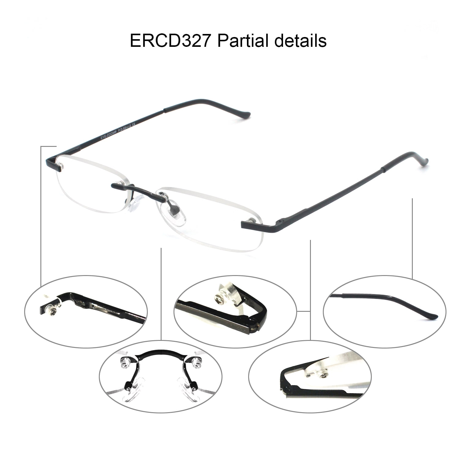 EYE ZOOM 5 Pack Compact Metal Rimless Reading Glasses with Light Slim Case for Men and Women, Black, +3.00