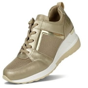 YOLANDA ZULA Wedge Sneaker for Women High Heel Lace Up Platform Sneakers Walking Shoes Gold 7