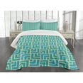 thumbnail image 3 of Ambesonne Turquoise Quilted Bedspread Set 3 Pcs, Art Deco Square Lines, Queen Size, Turquoise Yellow, 3 of 5