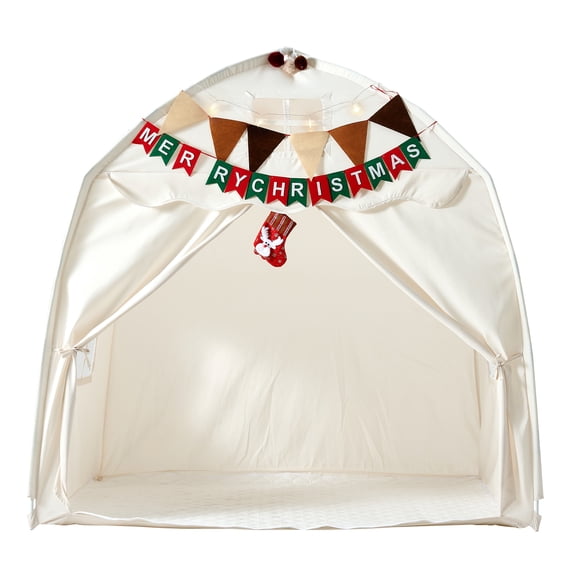 KFFKFF Kids Play Tent with Fiberglass Frame, Beige Playhouse for Toddlers, Boys, and Girls, Indoor & Outdoor Use, Includes Padded Mat, Star Lights, Carry Bag, Flag, and Ventilated Window