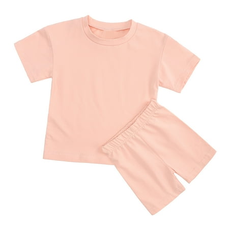 

Little Girls Outfits Clothes Top Pants Sets Cotton Sweatsuits Kid Girl s Clothing Set Summer Girls Suit Candy Color Short-sleeved Shorts Two-piece Sports Suit Pink 9-12 Months