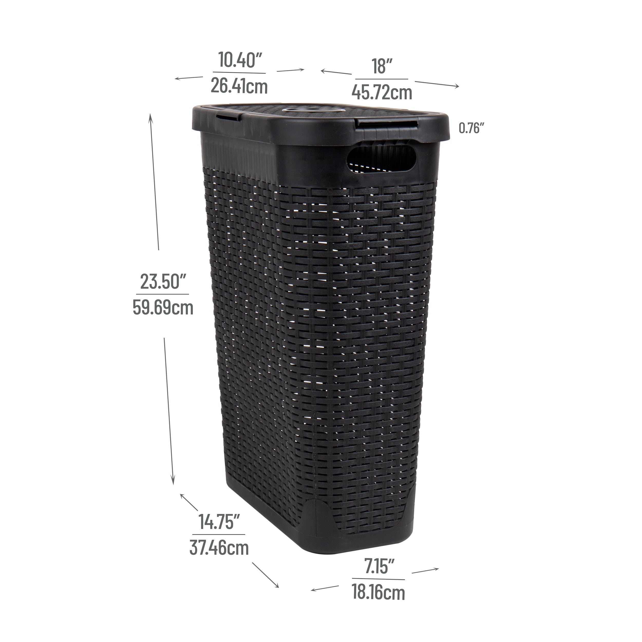 Mind Reader 40L Slim Laundry Hamper, Lid, Wicker Design, Plastic, 18"L x 10.4"W x 23.5"H Adult, Black