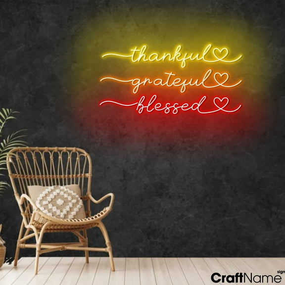 Craftnamesign Thankful Grateful Blessed Neon Light Wall Art, Fall Season LED Sign Decor