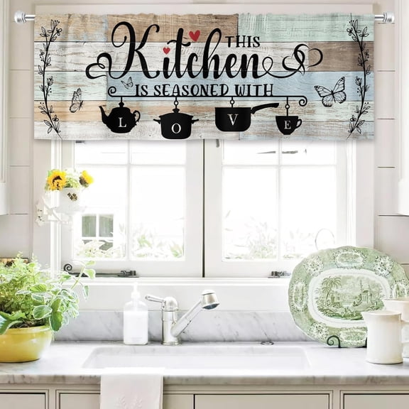 Teal Green Kitchen Curtains 52Wx18H Inch Rod Pocket Rustic Valance Farmhouse Wood Plank Vintage Country Butterfly Bedroom Window Drapes Quotes Printed Living Room Window Treatment 1 Panel