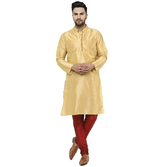 SKAVIJ Men's Kurta Pajama Set Art Silk Indian Wedding Party Dress Beige L