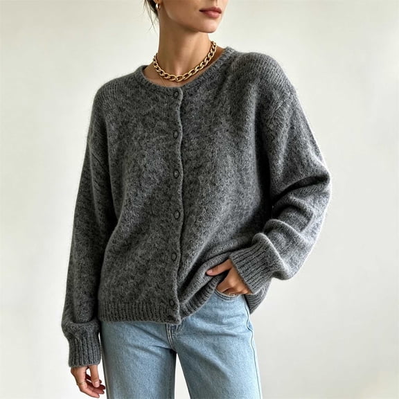 Women's Fuzzy Knit Cardigan Sweater Long Sleeve Button Down Coats Fall Winter Fashion Casual Comfy Outerwear Dark Gray XL