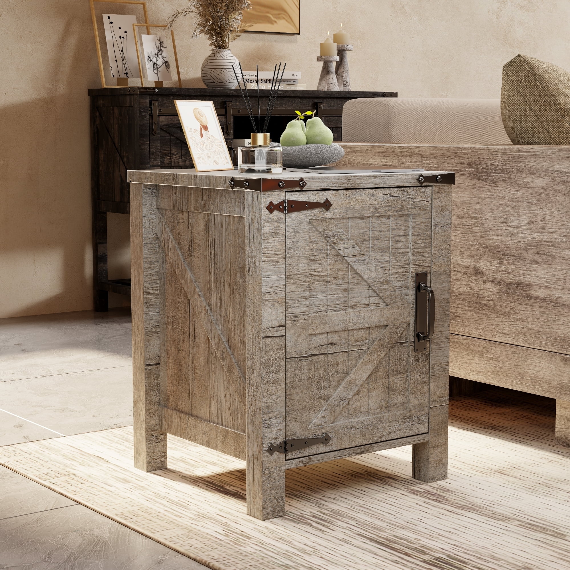 OKD Nightstand Set of 2 with Charging Station, Farmhouse Rustic Wood Side Table for Living Room, End Table for Bedroom, Light Rustic Oak