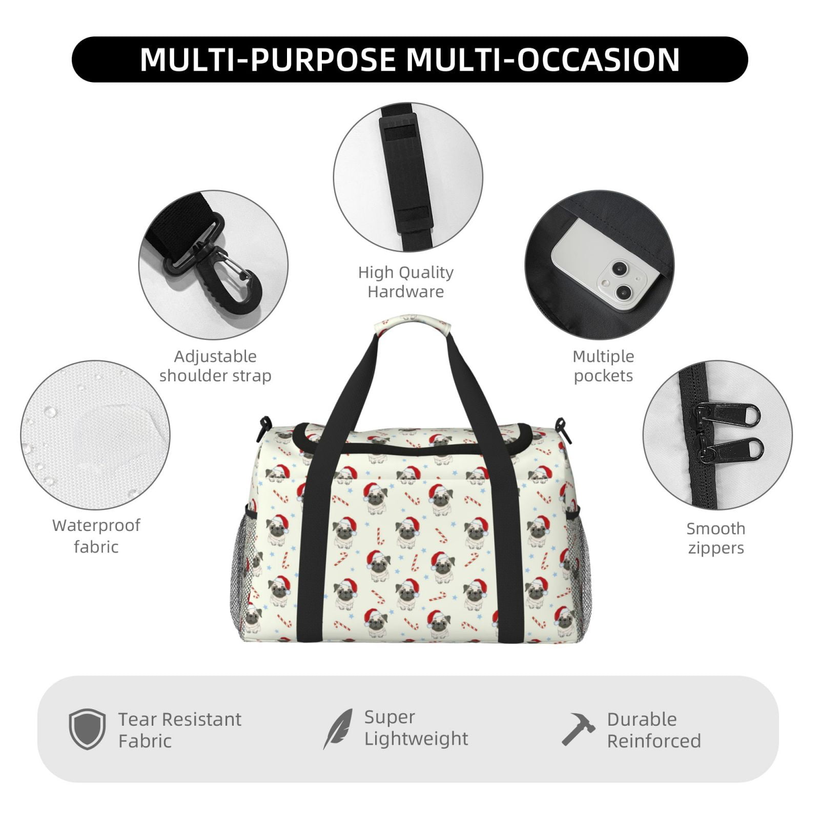 Fuzoiu Christmas Pug Dog Print Travel Duffle Bag,Carry On Tote Bags,Duffel Bag,Sport Gym Bag, Hospital Bag for Labor and Delivery, Overnight Bag,Luggage Bag