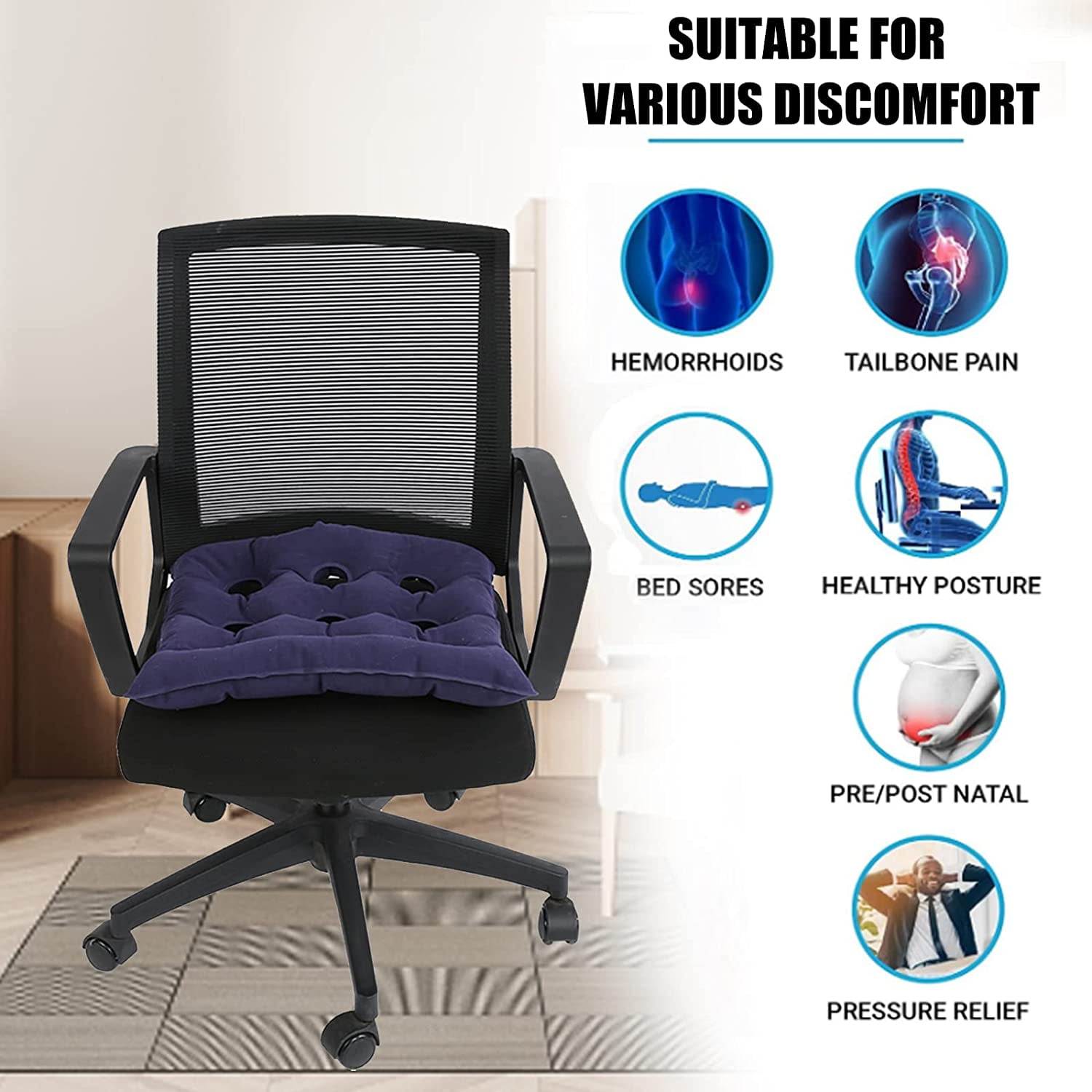  EverRelief Inflatable Seat Cushion - Travel Seat Cushion for  Wheelchair, Airplane, Car, Office, Stadium Seating- Adjustable Air Pressure  Pillow for Sitting Pain Free : Health & Household