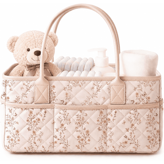 Baby Diaper Caddy Organizer, Floral Design with PU Leather Handles | Quilted, Water-Repellent, Diaper Caddy Basket with Removable Dividers, Baby Registry Must Have, Newborn Essentials (Floral)