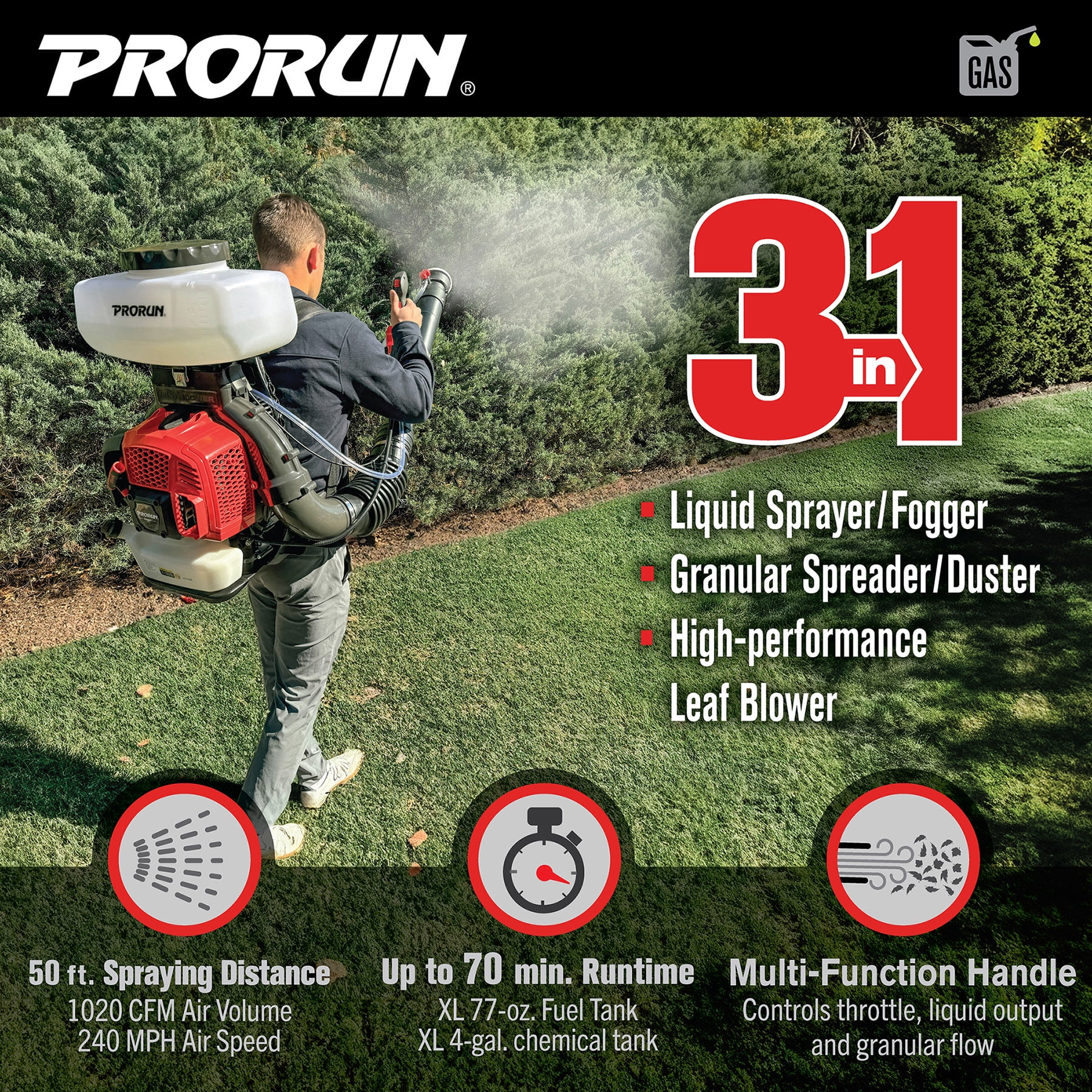 Prorun PMB2884 Backpack Mist Blower, 75.6cc 4.2HP Engine, 4-Gallon Tank, 3-in-1 Sprayer & Duster & Leaf Blower