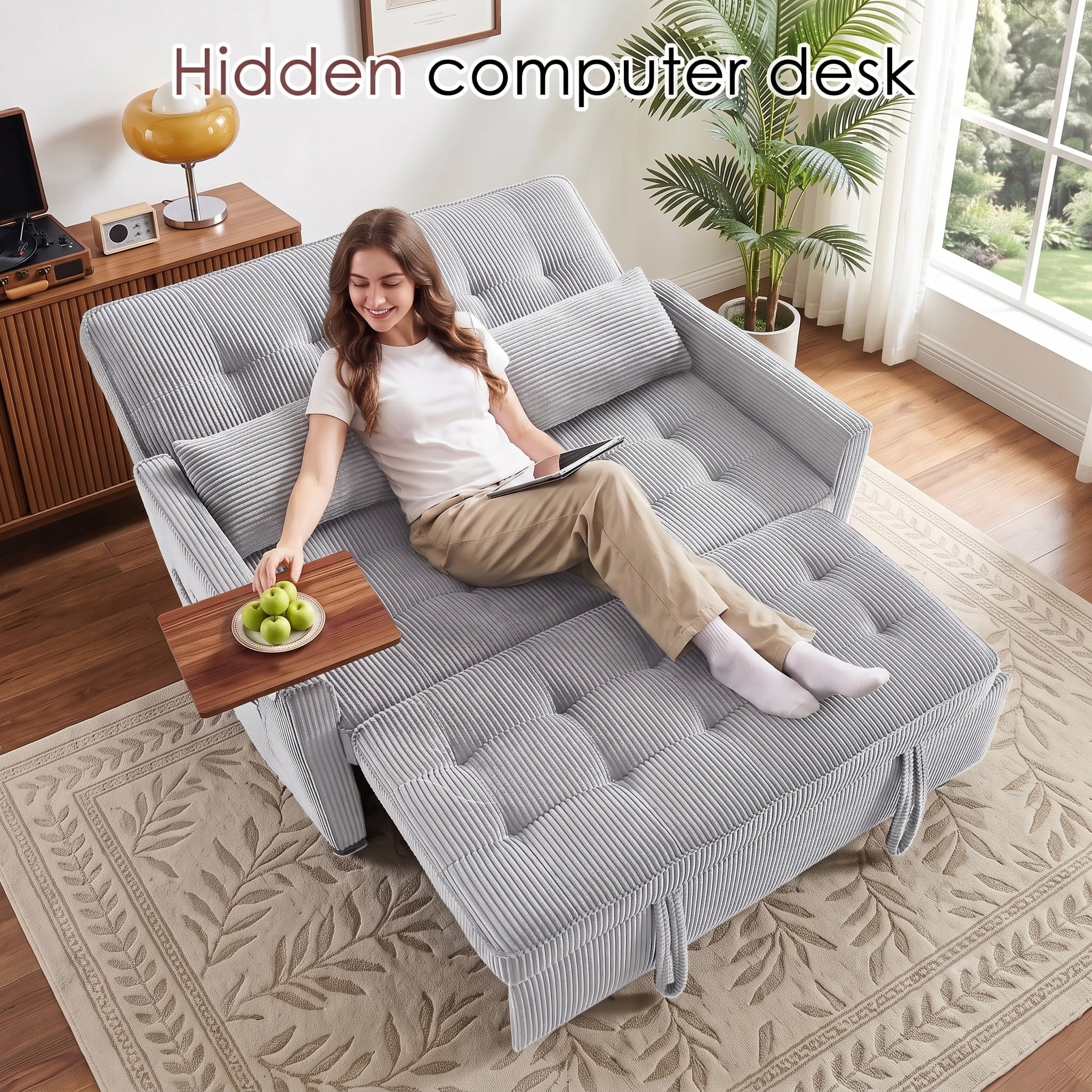 avobird 54'' 3 in 1 Pull Out Sofa Bed, Convertible Couch with Adjustable Backrest/Side Pockets/USB Charging Ports, Sleeper Sofa with small table for Living Room, Light Gray