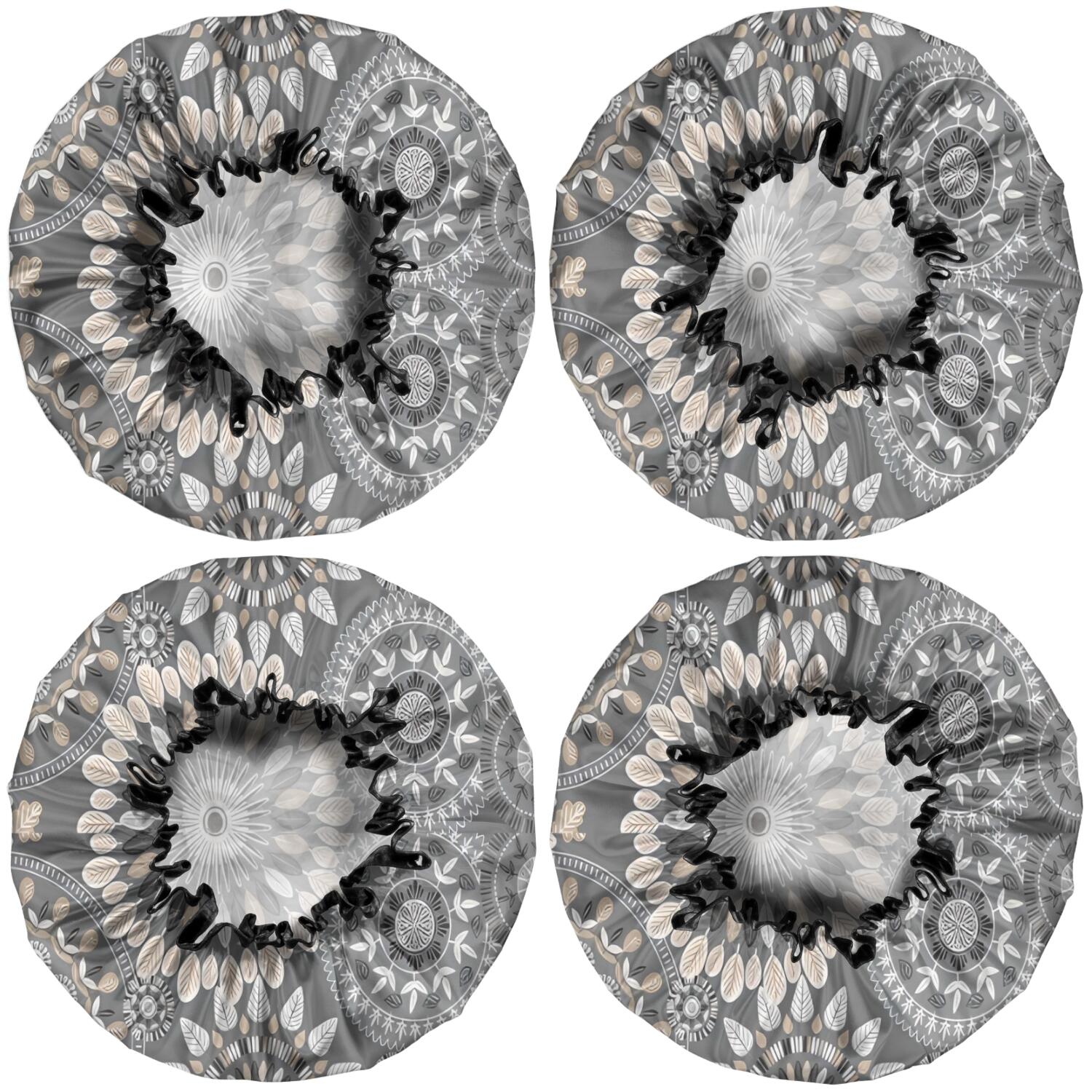 Shower Caps,Gray Floral Mandala and Leaf Pattern Waterproof Shower Cap for Women 4 Pieces,Double Reusable Hair Cover for Shower PEVA Elastic Stretch Hem