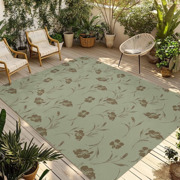 Sage Green Floral Outdoor Rug 5x7 Ft - Reversible Patio Rug Outdoor Camping Rugs, Vintage Spring Botanical Flowers Washable Indoor Outdoor Area Rugs, Non-Slip Outdoor Carpet Runner for Deck/Porch