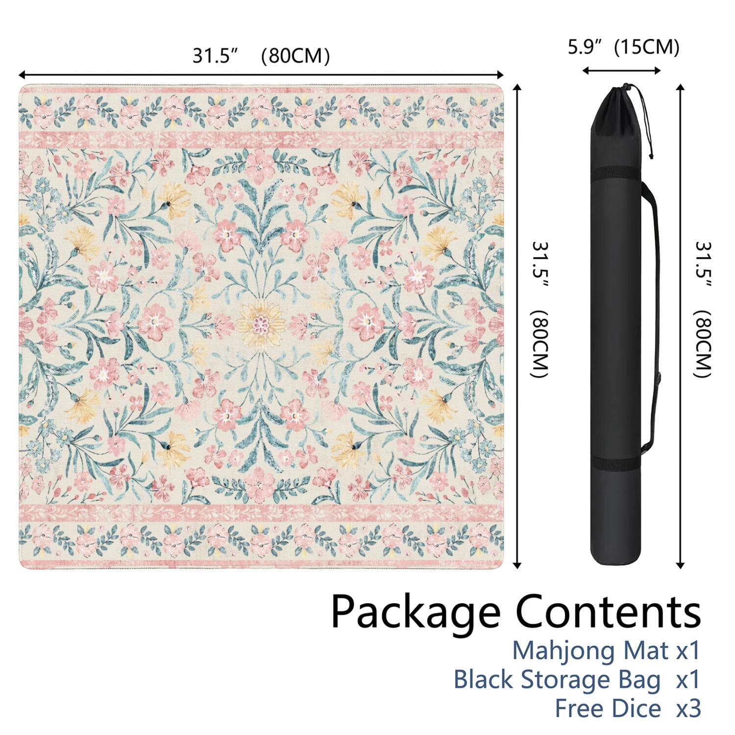 Classic Boho Pattern Non-Skid Mahjong Table Mat 31.5x31.5 Inch Rubber Playing Surface Reduces Noise with Anti-Slip Bottom for Card Games and Game Nights