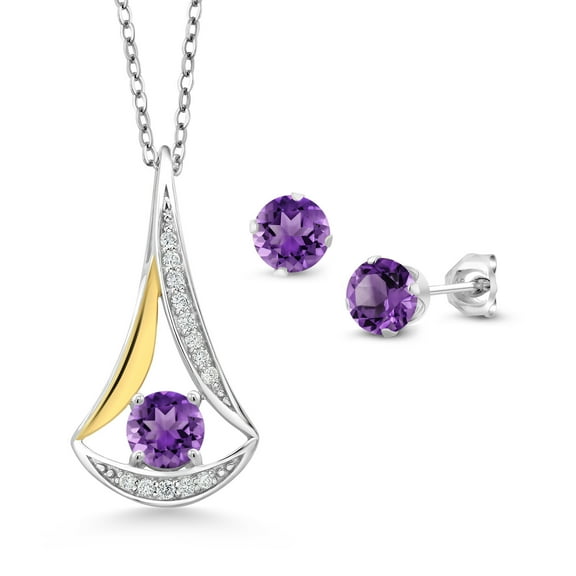Gem Stone King 1.52 Cttw Purple Amethyst and Lab Grown Diamond Pendant and Earrings Jewelry Set for Women | 925 Silver and 10K Yellow Gold | Fine Jewelry Gifts for Her Mom Women Wife