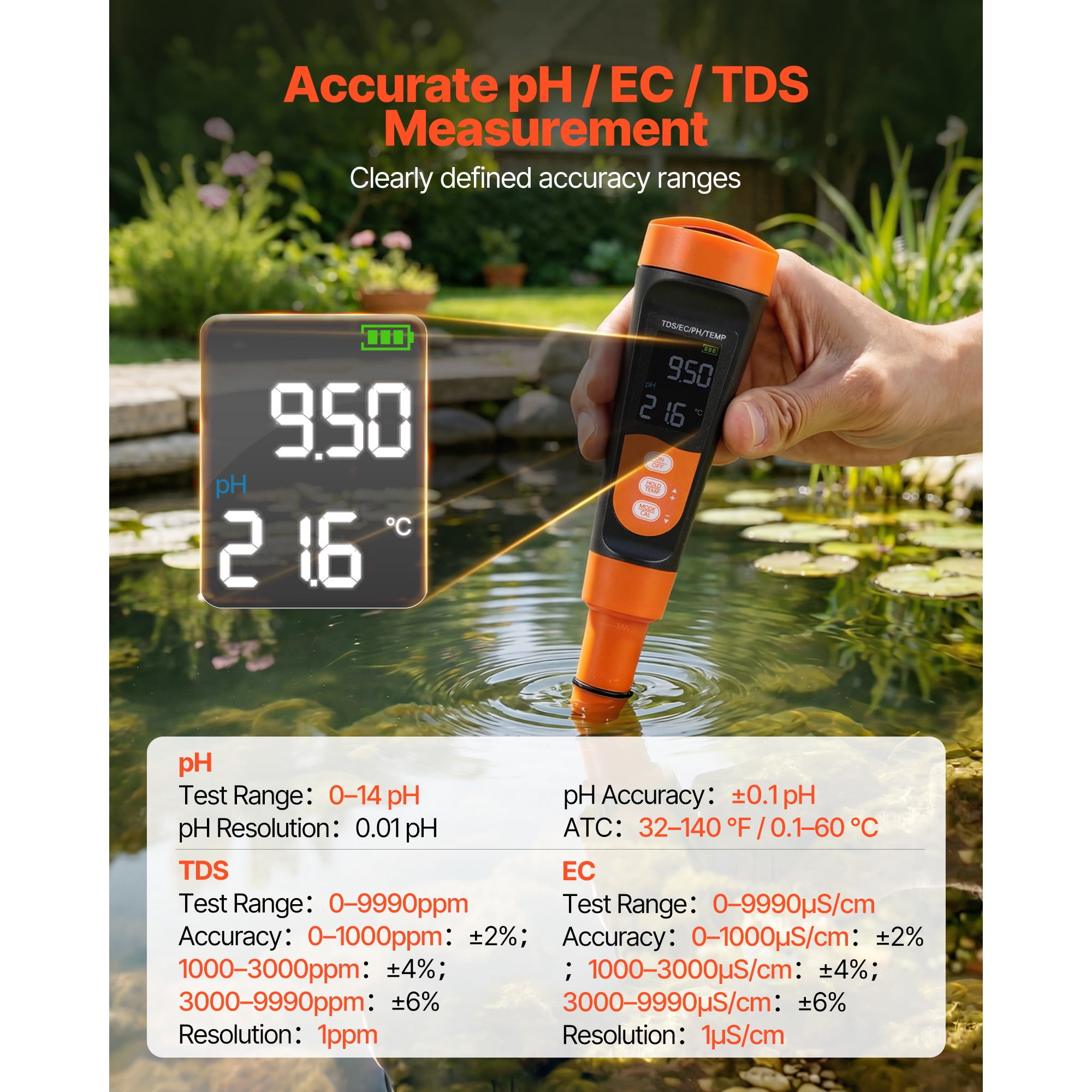 KFFKFF Portable pH Meter with Multi-Parameter Measurement, Accurate pH/EC/TDS Testing, Waterproof IP68 Probe, Compact Tester Kit with Calibration Powders, VA Display, Ideal for Water Quality Analysis