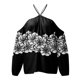 thumbnail image 5 of ICHUANYI Clearance Women Flowers Printing V-Neck Long Sleeve Halter Sexy Off Shoulder T-Shirt Casual Tops Blouse(Black, S) ICHUANYI WER2023081402896, 5 of 5