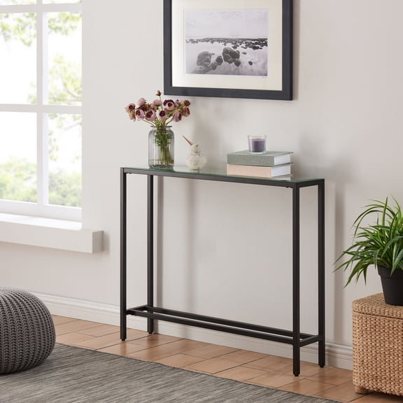 Darrin Narrow Mini Console Table Black with Mirrored Top for Entryway Living Room