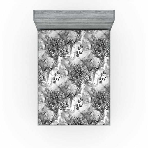 Ambesonne Romantic Flowers Fitted Sheet, Melancholic Floral, California King, Charcoal Grey Off White