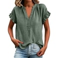 thumbnail image 3 of LEKODE Cotton Boho Tops for Women Oversized T-shirts Peasant Blouses Cute Shirts Lace Top Button Down Shirts Solid Summer Tops Womens Boho Summer Tops Blackish Green L, 3 of 7