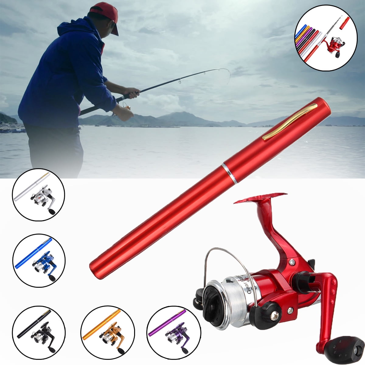 Hot Portable Telescopic Fishing Rod Pole Aluminum Alloy Pen Shape Reel US 