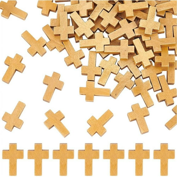 100Pcs Wood Charms Mini Beads Bulk Mini Wood Crosses Pocket Easter Rosaries Crucifix Pendants for Jewelry Making Hanging Ornament Party Favors
