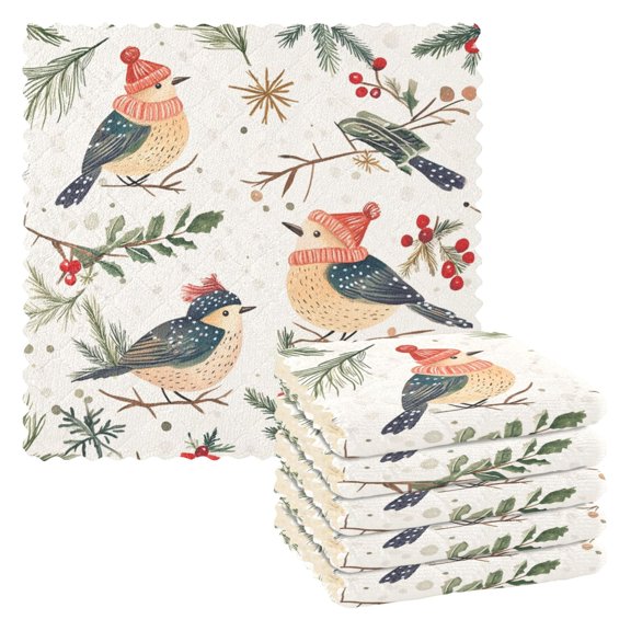 Christmas Birds and Leaves Kitchen Towels 6 Pcs Dish Towels Absorbent Soft Quick Dry Towel Dish Rags for Washing Dishes