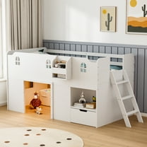 Zimtown Twin Size Low Loft Bed Frame with Led Light, Bunk Bed with Castle Guardrail and Window, Book Rack, Smart APP Control, (White)