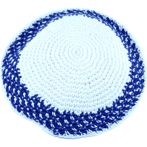 Holy Land Market White/Royal Blue Model II, 17cm DMC 100% Knitted Cotton Kippah Skullcap Jewish