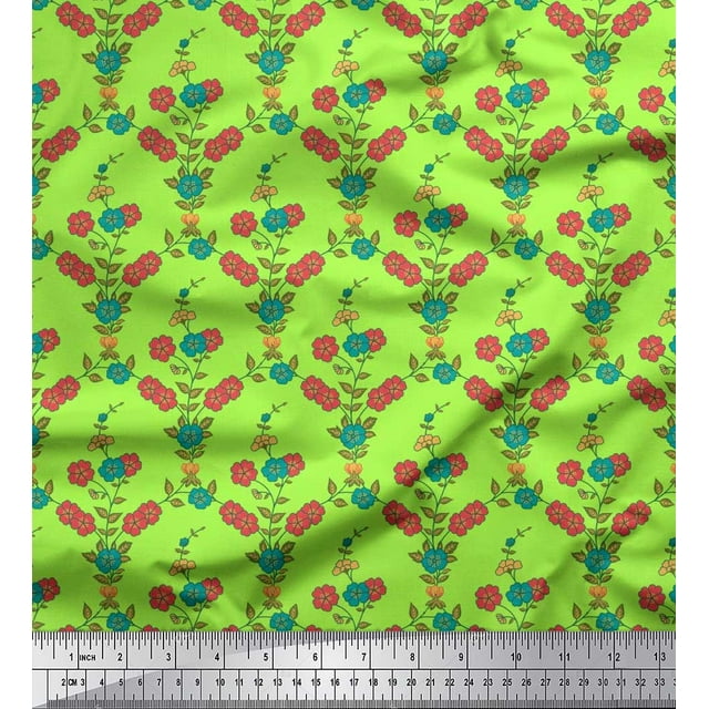 Soimoi Moss Georgette Fabric Leaves & Floral Decor Fabric Printed Yard 42 Inch Wide