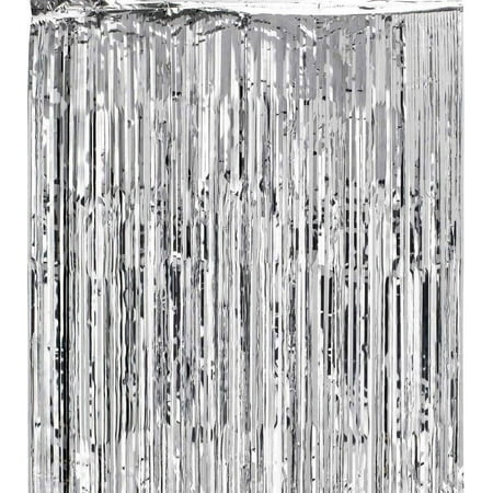 Image of Handy Basics 3.2 ft x 9.8 ft Metallic Tinsel Foil Fringe Curtains for Party Photo Backdrop Wedding Decor (Silver)