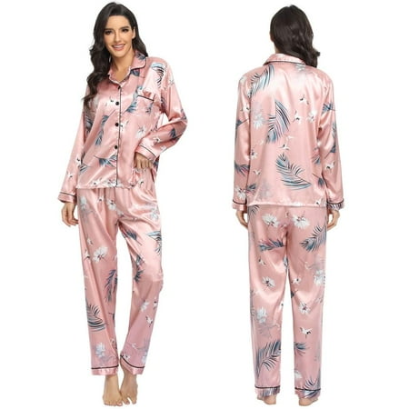 

[BRAND High Quality!]Ladies Pajamas Set Autumn Spring Womens Silk Satin Long Sleeve Pajamas Set Button down Floral Dot Pattern Sleepwear Homewear Nightgown