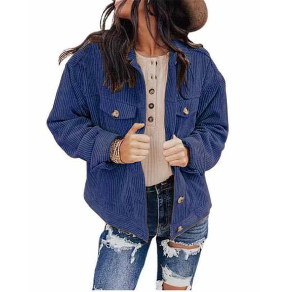 Womens Jackets and Coats Long Sleeved Jacket No Hat Solid Button Loose Warm Jacket Navy Plush Coat Size M