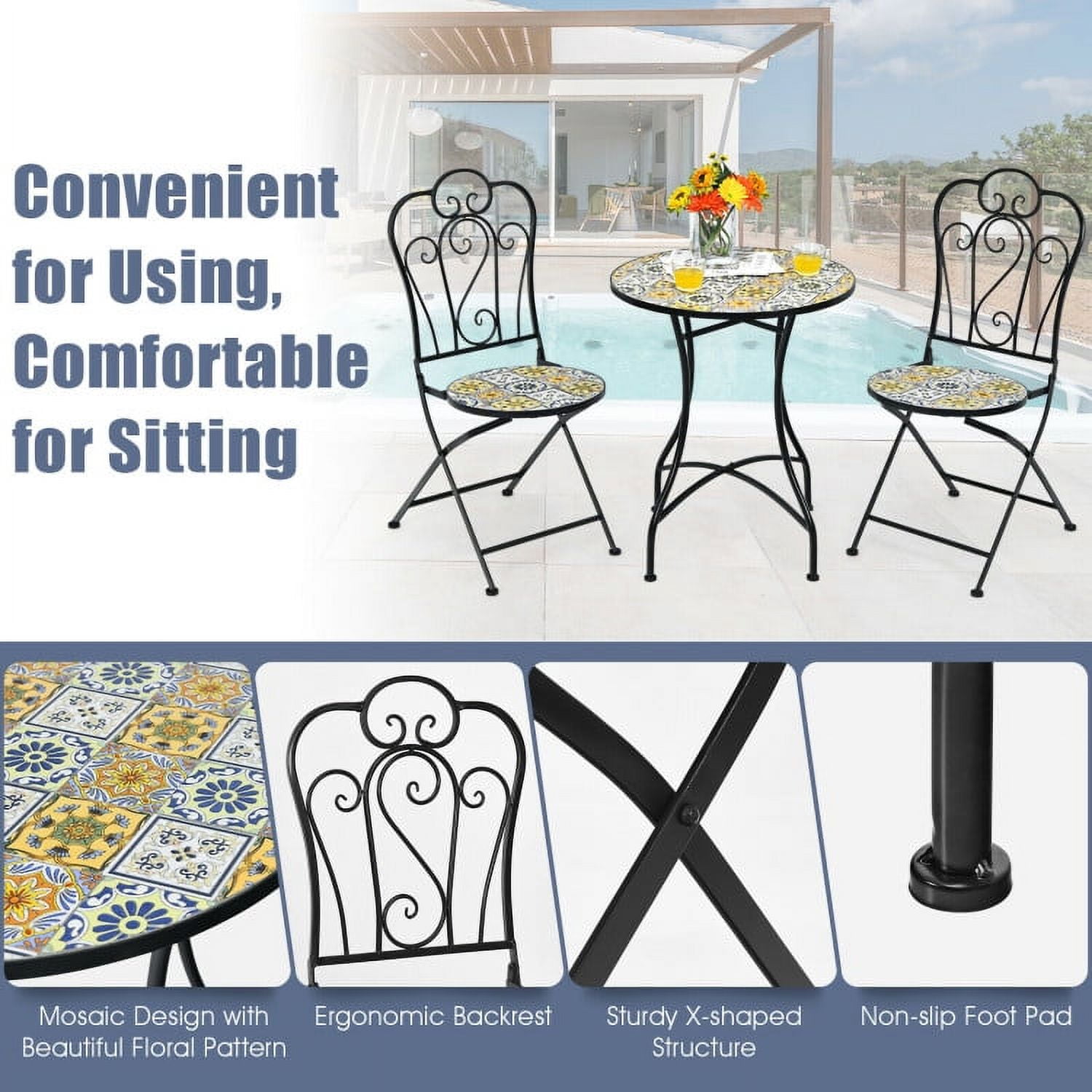 Aimee Lii 3 Pieces Patio Bistro Set with Folding Chairs and Round Table, Patio Conversation Sets, Beige