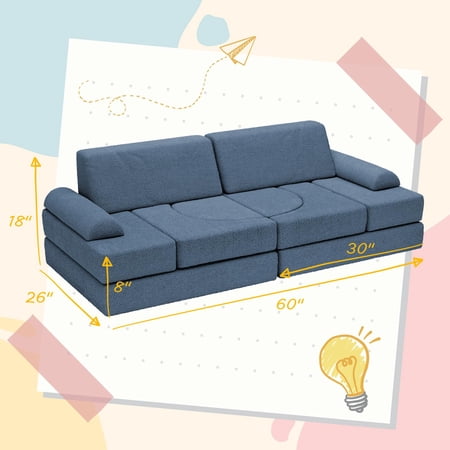 MARNUR 12pcs Modular Kids Play Couch - Kids Couch for Playroom, Toddler Couch Building Fort, Teddy Fabric, Child Sectional Sofa Play Set for Boys and Girls, Blue